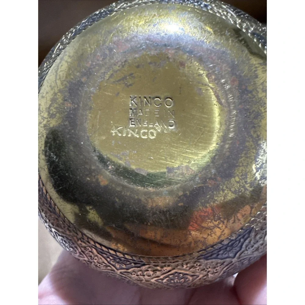 Kinco Brass England Ornate Round Trinket Box W Lid 1950's Vanity Vintage MCM